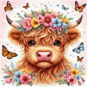 Clipart de flores de vaca das terras altas PNG, vaca das terras altas PNG, clipart de vaca das terras altas, download digital PNG instantâneo SOMENTE DIGITAL