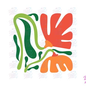 以下が含まれることがあります： 緑、オレンジ、赤の色合いで描かれた抽象的なデジタルアートプリント。葉のような形と流れるような線が特徴で、白い背景に配置されています。モダンでミニマルな美学を持つアートワークです。