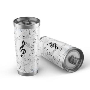 Vaso delgado de 20 oz con notas musicales. Diseño: Sublimación PNG (descarga digital). DigitalArtory