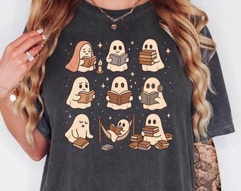 Cute Halloween Ghost Shirt | Cute Reading Ghosts Tee | Spooky Book Club T Shirt | Dark Academia Reader Gift | Halloween Bookish Tee