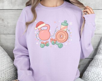 Christmas Fitness Sweatshirt – Holiday Gym Workout Sweater, Cute Kettlebell & Barbell Xmas Shirt, Fitness Lover Gift