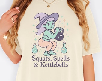 Squats Spells & Kettlebells Shirt | Witch Gym Halloween Tee | Funny Fitness Witch Shirt | Workout Top | Spooky Exercise Gift for Women