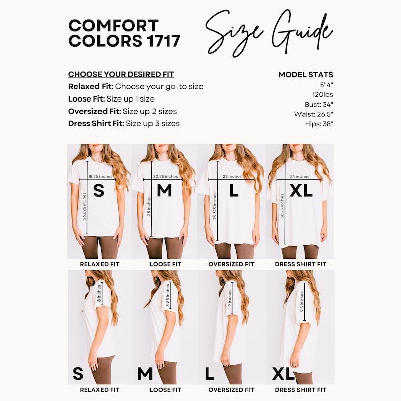 K&ouml;nnte beinhalten: Ein Gr&ouml;&szlig;enleitfaden f&uuml;r Comfort Colors 1717 T-Shirts. Der Leitfaden zeigt verschiedene Passformen: Relaxed, Loose, Oversized und Dress Shirt. Die Ma&szlig;e sind in Zoll angegeben, mit Models, die wei&szlig;e T-Shirts in den Gr&ouml;&szlig;en S, M, L und XL tragen. Die Modelldaten sind ebenfalls enthalten.