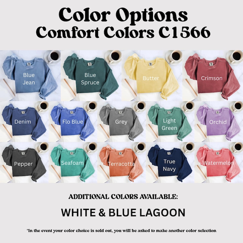K&ouml;nnte beinhalten: Auswahl an Comfort Colors C1566 Sweatshirts in verschiedenen Farben, darunter Blue Jean, Butter und True Navy. Das Bild zeigt die Farboptionen mit Textbeschriftungen. Zus&auml;tzliche Farben verf&uuml;gbar: White & Blue Lagoon.