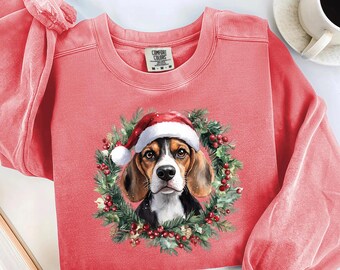Beagle Christmas Sweatshirt – Santa Hat Dog Lover Gift – Holiday Winter Graphic Pullover