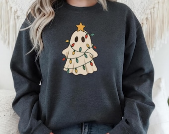 Ghost Christmas Tree Sweatshirt | Cute Spooky Holiday Crewneck | Ghost Wrapped in Lights Sweater | Funny Christmas Ghost Shirt