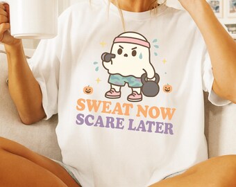 Sweat Now Scare Later Shirt | Cute Ghost Gym Halloween Tee | Funny Fitness Workout Shirt | Spooky Kettlebell Lifting Exercise Top