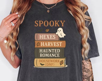 Spooky Book Stack Shirt | Funny Ghost Book Lover Tee | Witchy Halloween Reading Top | Haunted Romance Cozy Fall T-Shirt