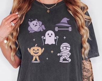 Halloween Workout Shirt | Cute Spooky Fitness Tee | Ghost Pumpkin Mummy Gym Squad Top | Fall Exercise Graphic T-Shirt for Gym Rats