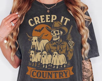 Creepin It Country Tshirt Western Halloween Shirt, Spooky Rodeo Shirt, Halloween Skeleton Shirt, Halloween Gifts, Spooky Cowgirl Tshirt