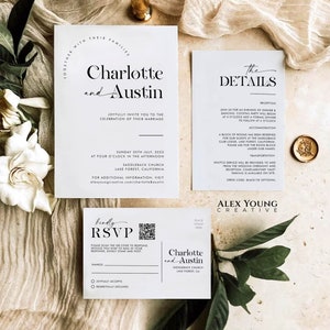 Può includere: Elegante suite di inviti di nozze con un invito principale, una scheda dettagli e una scheda RSVP. Il design è minimalista con testo nero su carta bianca. L'invito include i nomi "Charlotte e Austin" e i dettagli dell'evento.