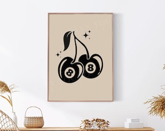 Trendy Retro 8 Ball Cherries Print, Illustration Vintage Wall Art, Modern Kitchen Decor, Illustration Large Printable Art, Digital Download