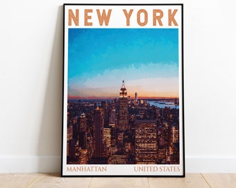 New York Travel Print - Manhattan Skyline featuring Empire State, NYC Art, New York poster, Manhattan poster, Birthday present, Wedding gift