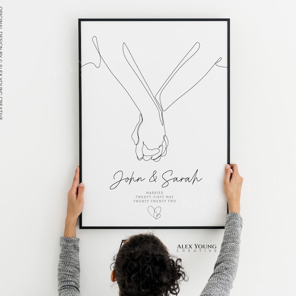 Personalized Holding Hands Line Art Wedding Print, Wedding Marriage Gift, Couples Names & Wedding Date, Custom Wall Art, Digital Download