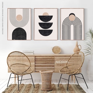 Mid Century Modern Wall Art Print Set of 3, Neutral Abstract Geometric Digital download Prints, Black White Beige Minimal Gallery Art