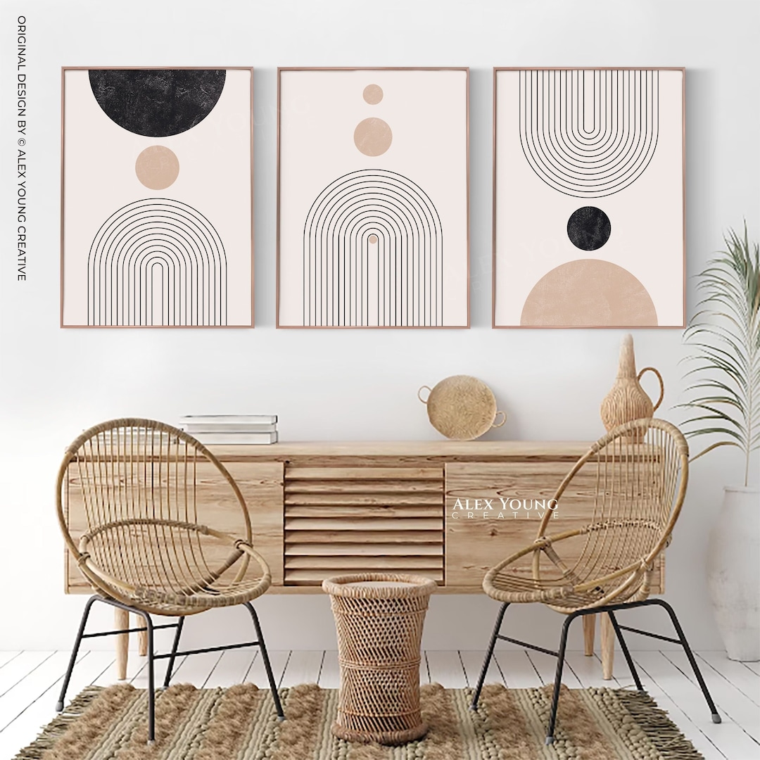 Mid Century Modern Wall Art Print Set of 3, Neutral Abstract Geometric ...