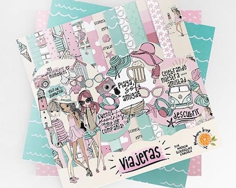 Viajeras – Papeles digitales de scrapbooking, kit imprimible de viaje, colección para imprimir Mandarina Scrap