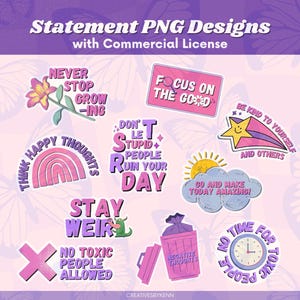 Citas de afirmación PNG, afirmaciones positivas, pegatinas imprimibles, diseños de sublimación, citas motivacionales, pegatinas digitales, uso comercial