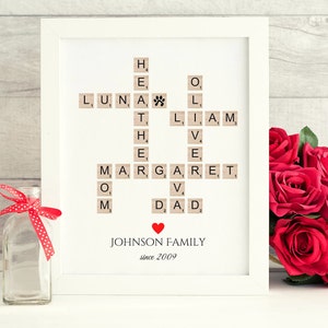 Signo de apellido personalizado, mosaico de carta familiar personalizado, impresión de crucigrama, crucigrama de nombre, regalo de Navidad, crucigrama personalizado
