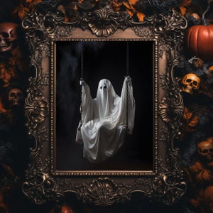 Ghost on a Swing Halloween Print, Halloween Decor, Halloween wall art, Digital Print, Ghost Spooky Decor, Ghotic, Halloween printable, JPG