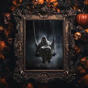 Ghost on a Swing Halloween Print, Halloween Decor, Halloween wall art, Digital Print,  Ghotic art, Halloween printable, JPG