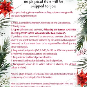 May include: A digital file for a Christmas crossword puzzle. The image includes instructions for customizing the puzzle with a title, family name, clues, answers, design size, orientation, personalization requests, email address, and background color. The text states that the final version will be sent in PDF, PNG, and JPEG formats within 2 days.