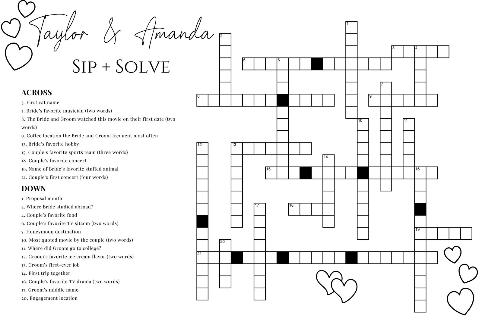 Custom Crossword Puzzle, Giant Crossword Puzzle, Sip & Solve Puzzle