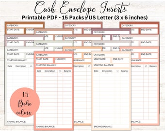 Boho Cash Envelope Inserts: Budget Tracker, Spending Log (3x6, A6, PDF)