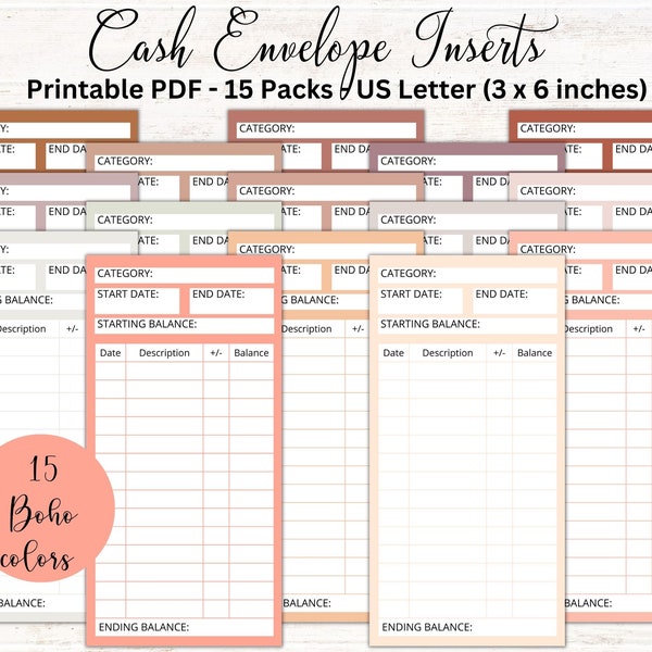 Cash Envelope Inserts, Cash Tracker, Cash Spending Log, Budgeting, Printable insert, Spending Tracker, Expense Tracker, Boho Style, A6, 3x6