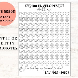May include: A printable 100 envelope savings challenge. The challenge is to save $5050. The image shows a grid of 100 envelopes with numbers 1-100 and dollar signs. The text "I'm building my financial freedom!" is at the bottom of the image.