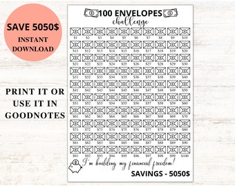 Desafío de 100 sobres imprimible, Planificador de presupuesto de Goodnotes, Desafío de ahorro, Rastreador de ahorros, Desafío de ahorro de dinero, Descarga digital