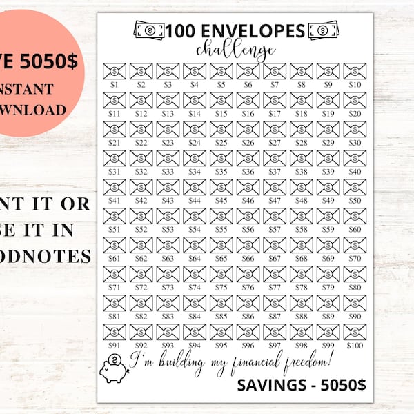 100 Envelope Challenge Printable, Goodnotes Budget Planner, Savings Challenge,  Savings Tracker, Money Savings Challenge, Digital Download