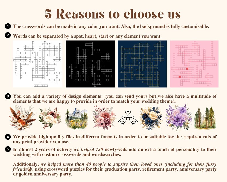 May include: Five reasons to choose us for custom crossword puzzles. The image shows examples of different color backgrounds and design elements that can be added to the puzzles.  The text also mentions that high quality files are provided in different formats.