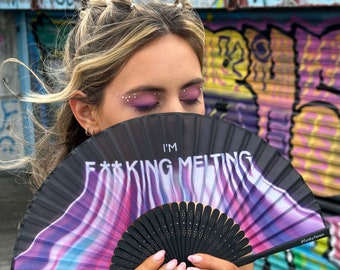 Melting Funky Fan - Abanico de mano plegable de bambú con texto morado