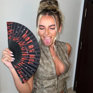 Hot As Hell Funky Fan - red and black flame text bamboo foldable hand fan.