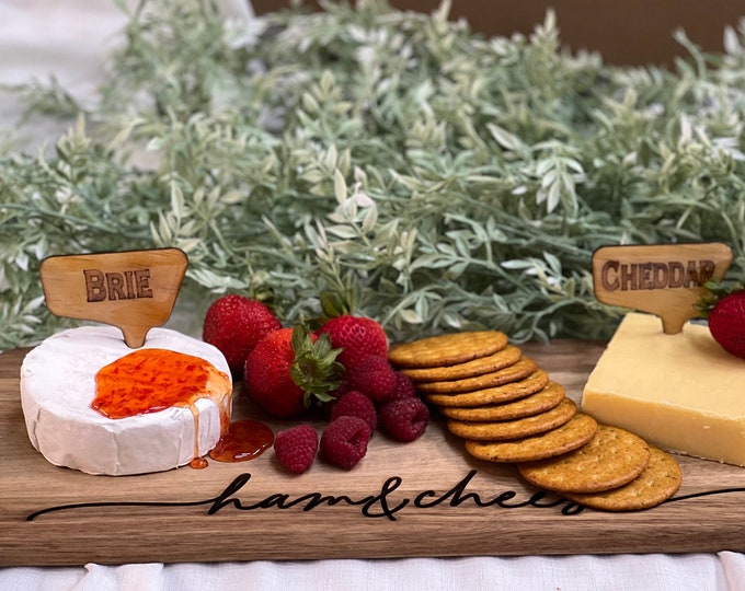 Custom Engraved Wood Cheese markers/Reusable cheese markers/Wood & Resin cheese markers/charcuterie board/cheese board. Set of 6.