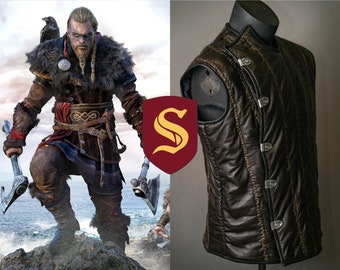 Gilet en cuir Valhalla (Assassin), gilet en cuir marron foncé cosplay pour GN et événements médiévaux, armure faite main ; déguisement d'halloween