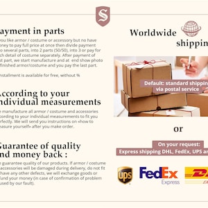 May include: An informational graphic with a light beige background featuring text about payment in parts, custom measurements, and quality guarantees. It includes icons for installment payments, body measurements, and a quality shield, plus shipping logos.