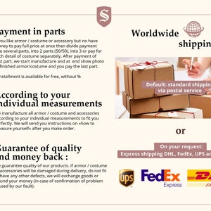 May include: An informational graphic with a light beige background featuring text about payment in parts, custom measurements, and quality guarantees. It includes icons for installment payments, body measurements, and a quality shield, plus shipping logos.