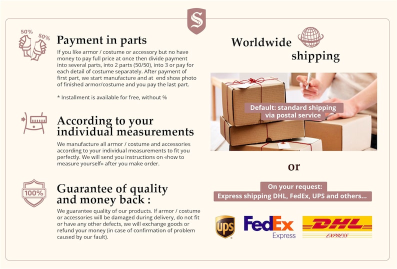 May include: An informational graphic with a light beige background featuring text about payment in parts, custom measurements, and quality guarantees. It includes icons for installment payments, body measurements, and a quality shield, plus shipping logos.