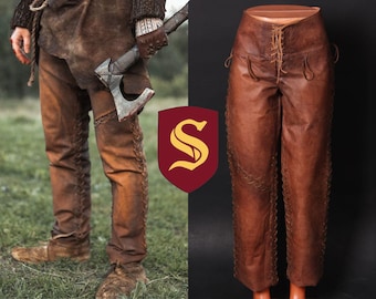 Viking leather pants, brown leather trousers for LARP and Medieval events, handmade Ragnar viking armor
