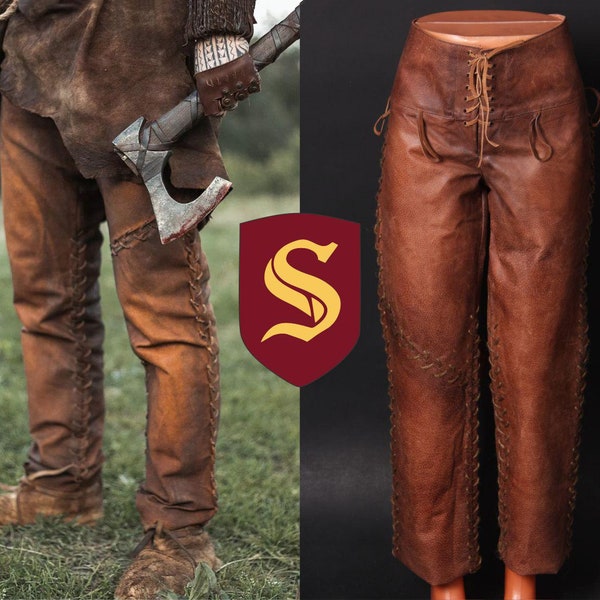 Viking leather pants, brown leather trousers for LARP and Medieval events, handmade Ragnar viking armor