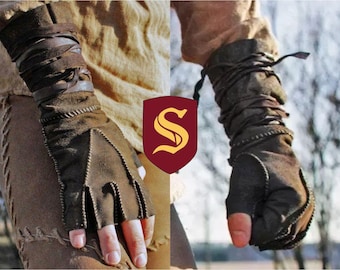 Medieval fingerless gloves; handmade renaissance gauntlets cosplay long arm cuff gloves; leather medieval gloves, brown leather gloves