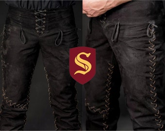 Viking leather pants, black leather trousers for LARP and Medieval events, handmade Ragnar viking armor