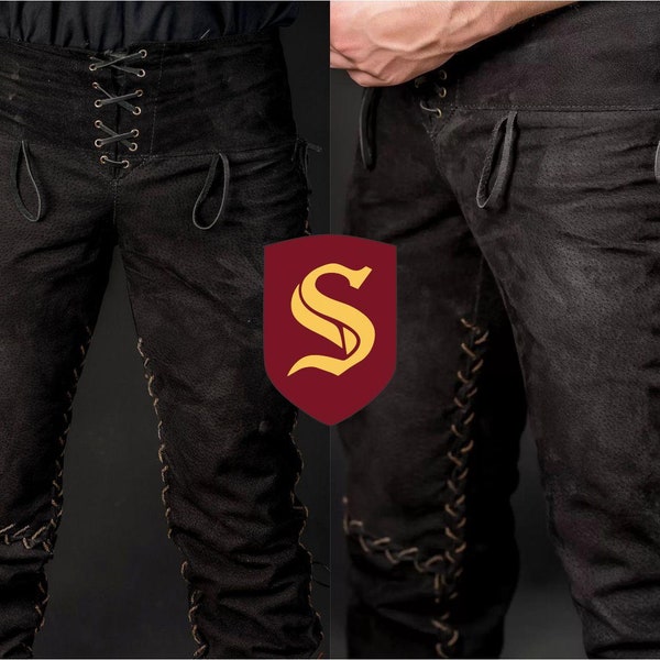 Viking leather pants, black leather trousers for LARP and Medieval events, handmade Ragnar viking armor