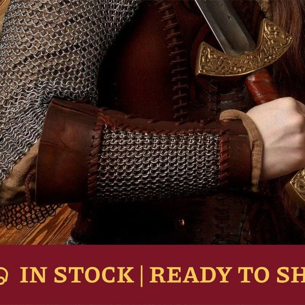 IN STOCK! Viking bracers (pair) with chainmail; medieval leather bracer; vambrace for larps and cosplay; high-quality vegetable tanned armor