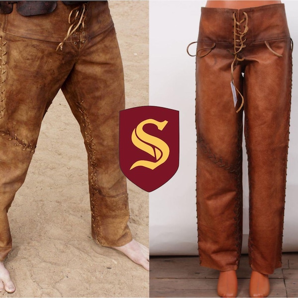Viking leather pants, brown leather trousers for LARP and Medieval events, handmade Ragnar viking armor