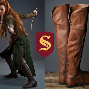 Hoge leren Tauriel-laarzen (The Hobbit); leren knielaarzen; middeleeuwse schoenen; Fantasy-cosplaylaarzen