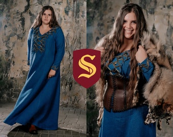 Robe royale bleue Lagertha Queen Viking, robe de mariée faite main, robe fantaisie avec manches ; costume médiéval ; robe renaissance