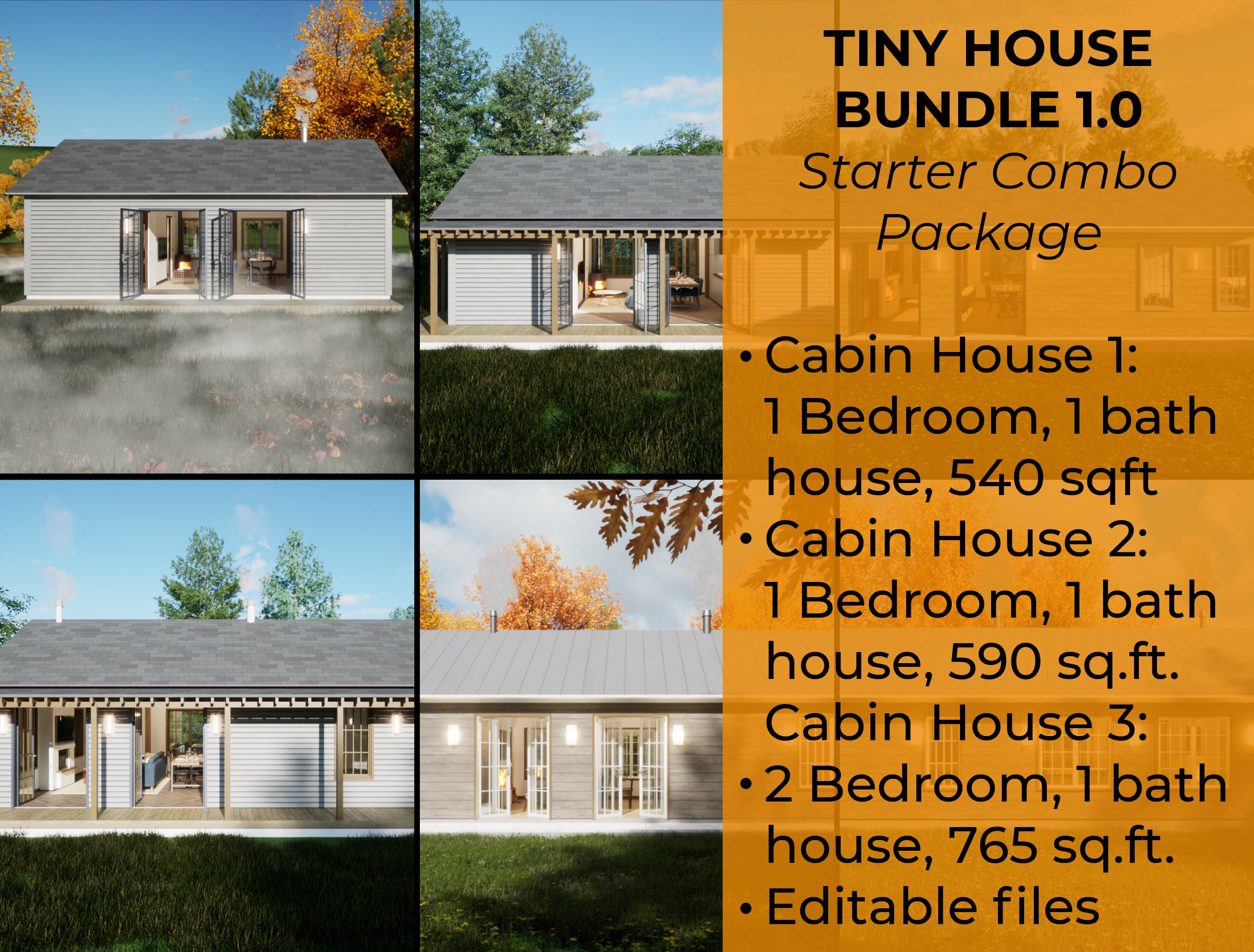 Tiny House Plans Bundle 2 and 1 Bedroom House Plans Materials List, DWG